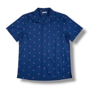 Geoffrey Beene men's blue with pink Flamingos short sleeves button-down shirt